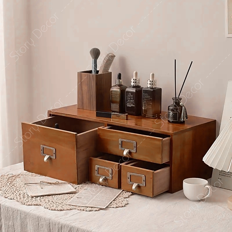 Hộp tủ đựng đồ bằng gỗ tự nhiên sơn màu nâu kiểu dáng cổ điển, ngăn kéo, giá để đồ cho học sinh, mỹ phẩm, phụ kiện