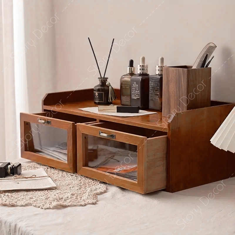 Hộp tủ đựng đồ bằng gỗ tự nhiên sơn màu nâu kiểu dáng cổ điển, ngăn kéo, giá để đồ cho học sinh, mỹ phẩm, phụ kiện