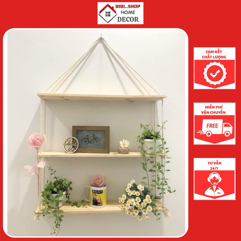 Kệ Gỗ Treo Tường Trang Trí Decor Phòng Khách Phòng Ngủ Quán cafe Thanh Ngang Treo Dây - Tặng Kèm Phụ Kiện
