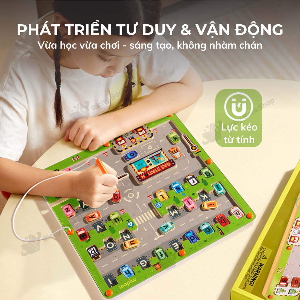 Bảng gỗ chữ cái, bảng đỗ xe mê cung nam châm Mideer Magnetic Maze Parking Lot