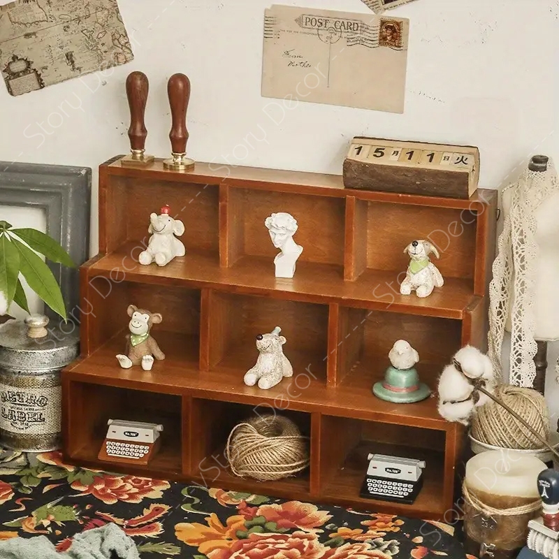 Kệ trưng bày 3 tầng, 9 ngăn, hộp tủ trưng bày mô hình, phụ kiện màu nâu óc chó