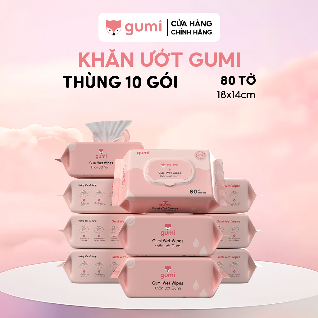 Thùng 10 gói khăn uớt 80 tờ Gumi không cồn không parabens cao cấp dành cho em bé
