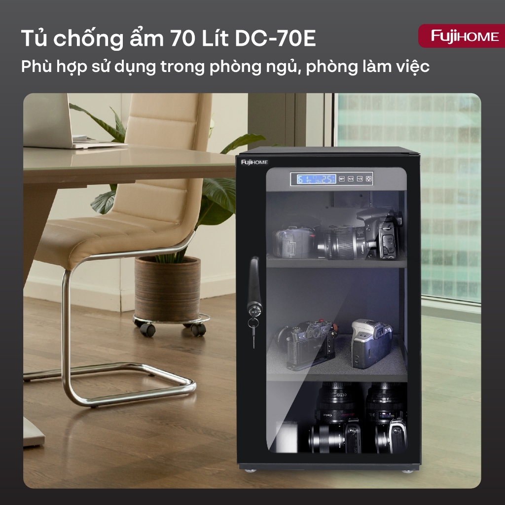 Tủ chống ẩm Nhập Khẩu 70L FUJIHOME DC-70E , Tủ hút ẩm máy ảnh điện tử chính xác có đèn dry cabinet chống xước