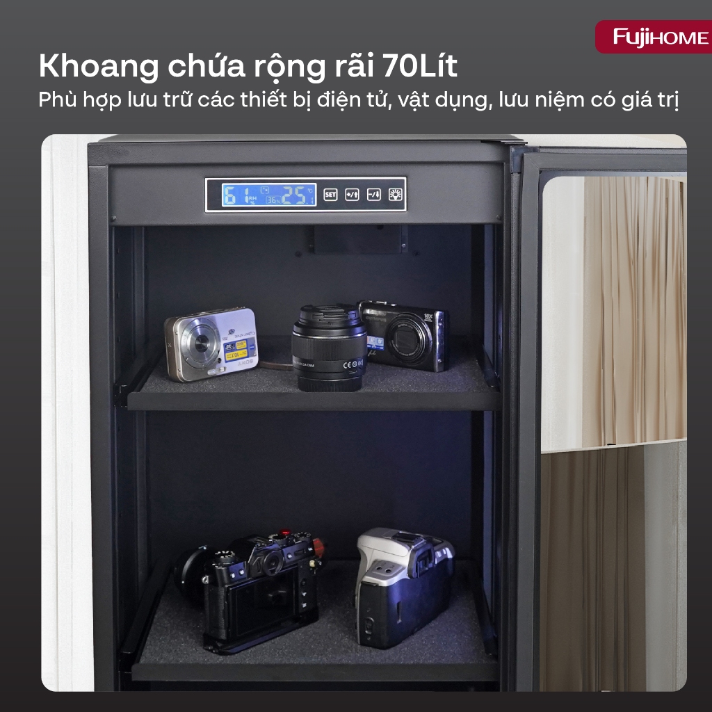 Tủ chống ẩm Nhập Khẩu 70L FUJIHOME DC-70E , Tủ hút ẩm máy ảnh điện tử chính xác có đèn dry cabinet chống xước