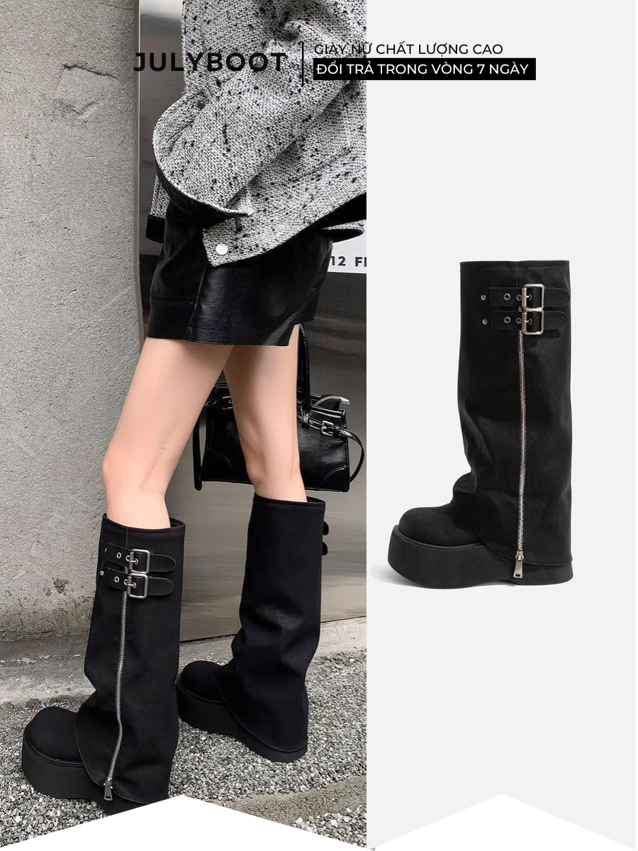 Boot đen nữ Có Khuy kéo Cổ Cao Bốt Cao Bồi Biker boots - Đế 6 cm Cổ ...