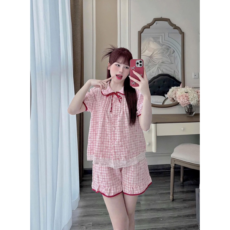 (35-50kg) Bộ pijama đùi chất đũi cổ Sen form nhỏ dễ thương