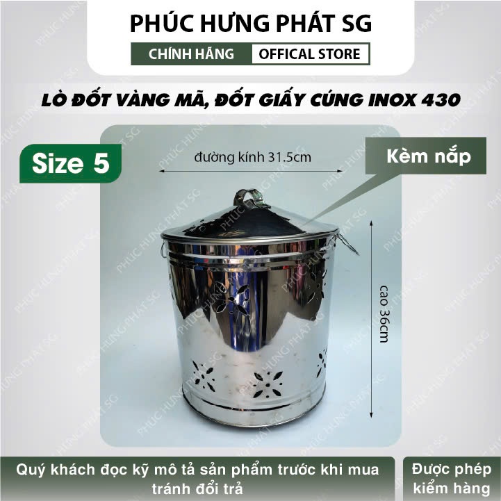 Lò Đốt Vàng Mã, Đốt Giấy Cúng Inox 430 bao gồm nắp-Phúc Hưng Phát ...