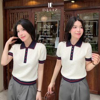[DELIZ] Áo len polo nữ cộc tay mùa hè chất len lông thỏ dệt vân nổi cao cấp công sở PL25