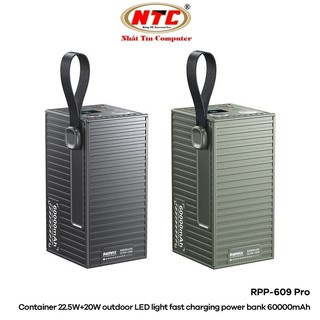 Pin dự phòng Remax RPP-609 Pro 60000mAh, USB-A QC 22.5W và TypeC PD 20W, Đèn Pin siêu sáng