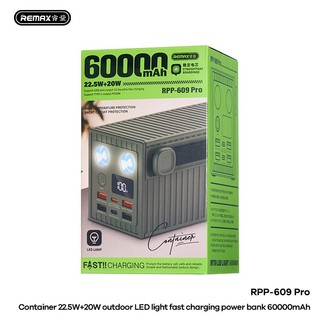 Pin dự phòng Remax RPP-609 Pro 60000mAh, USB-A QC 22.5W và TypeC PD 20W, Đèn Pin siêu sáng