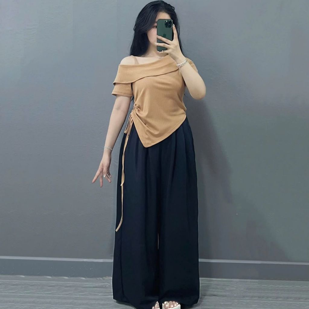 Bộ Đồ Nữ BigSize ,Set Áo + Quần Big Size ,Áo Thun Trễ Vai Kèm Quần Suông Ống Rộng Vải Mềm Mịn Mát SET980