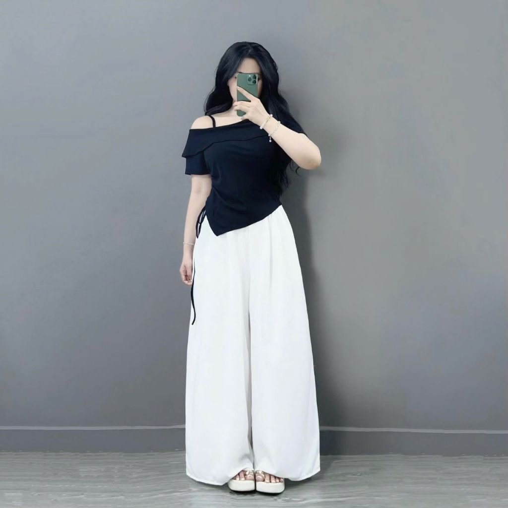 Bộ Đồ Nữ BigSize ,Set Áo + Quần Big Size ,Áo Thun Trễ Vai Kèm Quần Suông Ống Rộng Vải Mềm Mịn Mát SET980