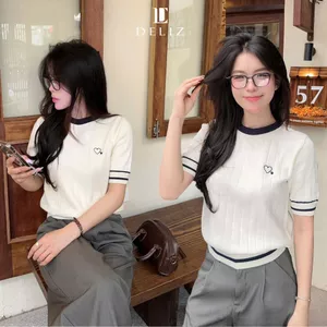 Áo len lông thỏ ngắn tay cổ tròn phối viền trái tim chất mềm hàng thiết kế cao cấp ALC07