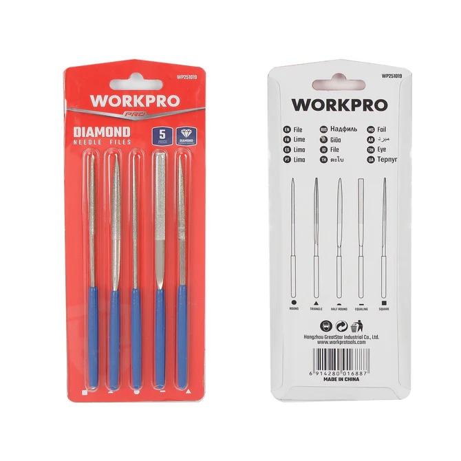 Bộ 5 giũa kim cương WORKPRO WP251019 dài 140mm gồm các loại dẹt, tròn, bán nguyệt, vuông, tam giác - Hàng chính hãng