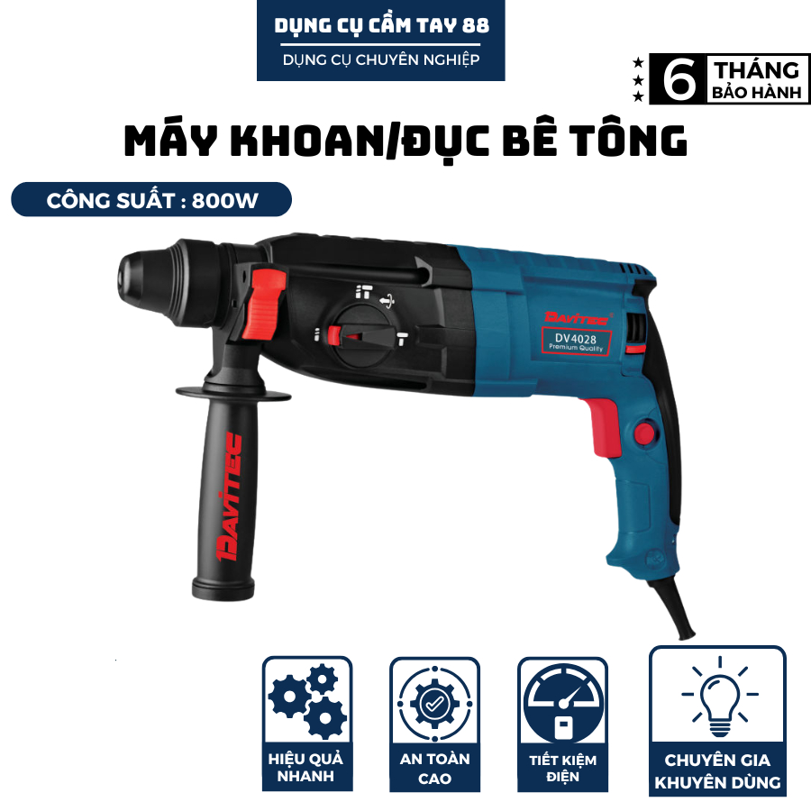 Máy khoan đục bê tông 3 chức năng DV4028 công suất 800W linh kiện phổ thông, tặng kèm bộ mũi khoan đục và hộp đựng