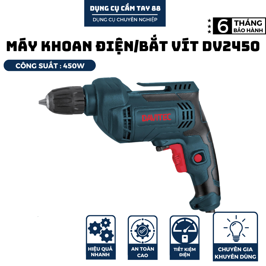 Máy khoan điện, máy bắt vít 2 chiều DV2450A/B - 450W, mũi khoan 10mm, motor đồng - Hàng chính hãng, bảo hành 6 tháng
