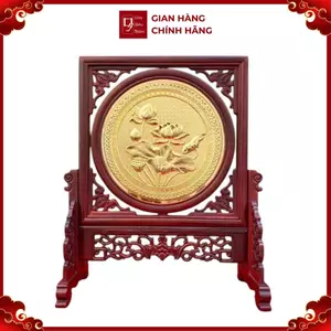 Tranh Đĩa Đồng Hoa Sen 2 Mặt , Mạ Vàng 24K , Khung Gỗ Cẩm ( 35x29cm ) - Cửu Diệu Thiên - SD006