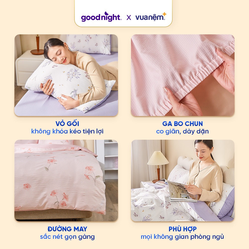 Ảnh Bộ Ga Gối 4 Món Vua Nệm Goodnight Bamboo 25cm, Bộ Ga Đũi Họa Tiết Trang Nhã, Gân Đũi Mềm Mại, Thoáng Mát 3