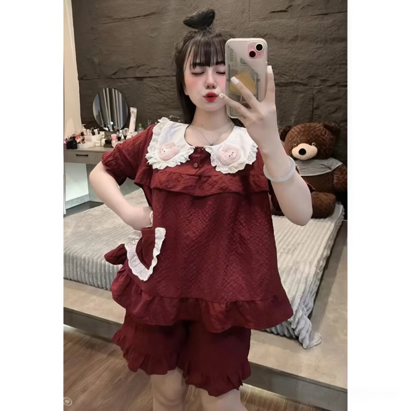 Bộ Đồ Mặc Nhà Áo Cộc Tay Quần Đùi Vải Đũi Bông Cổ Bèo Đính Thỏ Dễ Thương