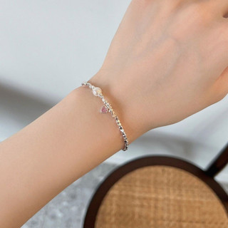 Vòng Tay Bạc Charm Trái Tim PJN, Lắc Tay Bạc 925 Mix Hạt Ngọc Trái Tim Hồng Phong Cách Dây Bản Đặc Biệt VT13