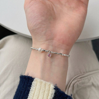 Vòng Tay Bạc Charm Trái Tim PJN, Lắc Tay Bạc 925 Mix Hạt Ngọc Trái Tim Hồng Phong Cách Dây Bản Đặc Biệt VT13