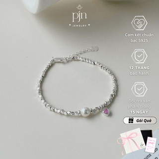 Vòng Tay Bạc Charm Trái Tim PJN, Lắc Tay Bạc 925 Mix Hạt Ngọc Trái Tim Hồng Phong Cách Dây Bản Đặc Biệt VT13
