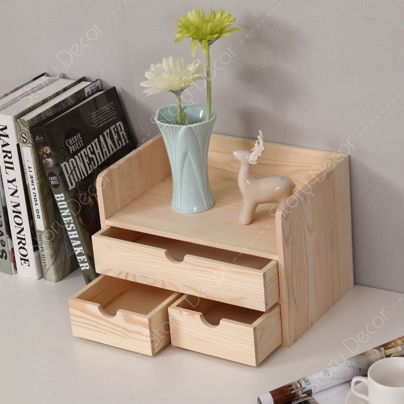 Kệ gỗ 3 ngăn kéo, hộp tủ để bàn đựng đồ trang điểm, phụ kiện đa năng