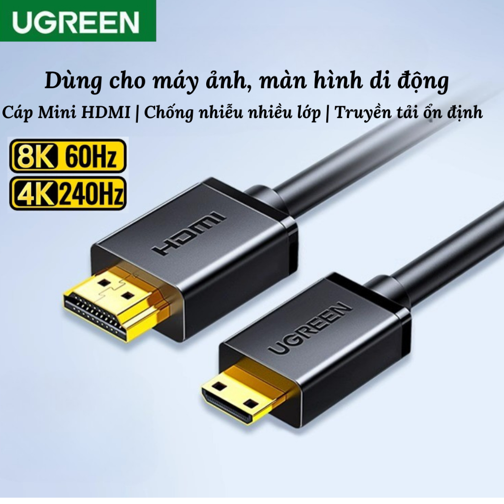 Cáp Mini HDMI Sang HDMI UGREEN, HDMI Sang Mini HDMI, Cáp Dùng Chiều, Cho  Máy Ảnh, Màn Hình, Laptop, Bảo Hành 12