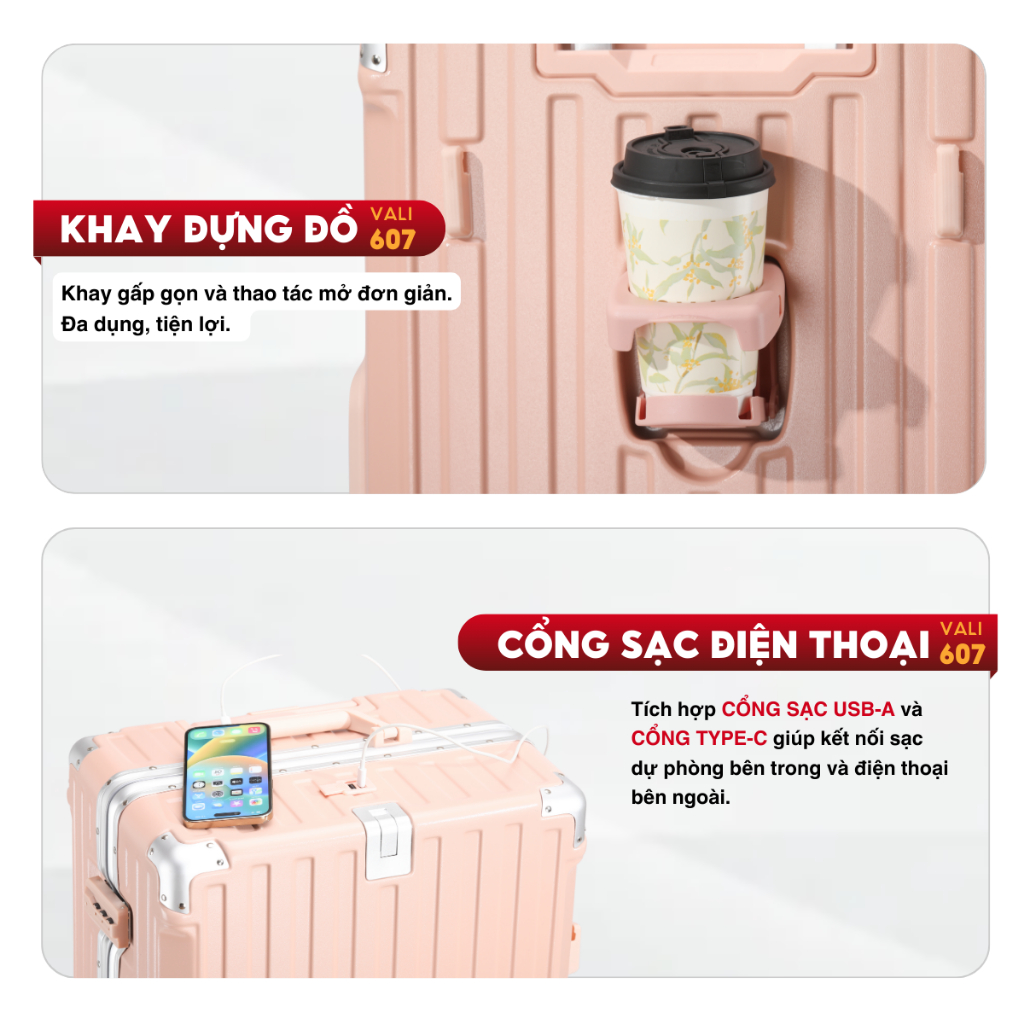 Vali Du Lịch Kingsun 607/302 Size 20/24/28 cao cấp cổng sạc USB khay đựng cốc Cao Cấp Bảo Hành 5 Năm