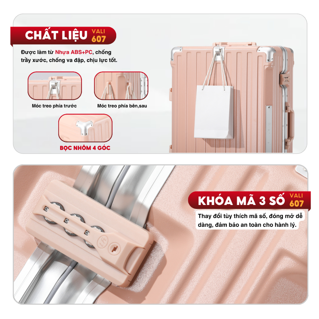 Vali Du Lịch Kingsun 607/302 Size 20/24/28 cao cấp cổng sạc USB khay đựng cốc Cao Cấp Bảo Hành 5 Năm