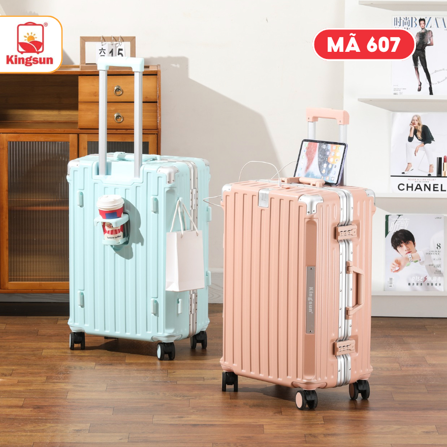 Vali Du Lịch Kingsun 607/302 Size 20/24/28 cao cấp cổng sạc USB khay đựng cốc Cao Cấp Bảo Hành 5 Năm