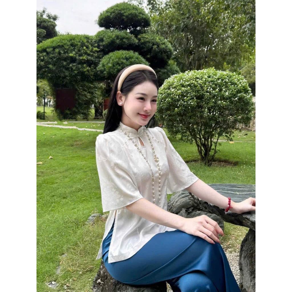 Pháp Phục Tịnh Tâm , Đồ Lam Đi Chùa Cổ Tàu Giọt Lệ Lụa  Chữ Thọ Lụa Mềm Mại 4 Size S,M,L,XL