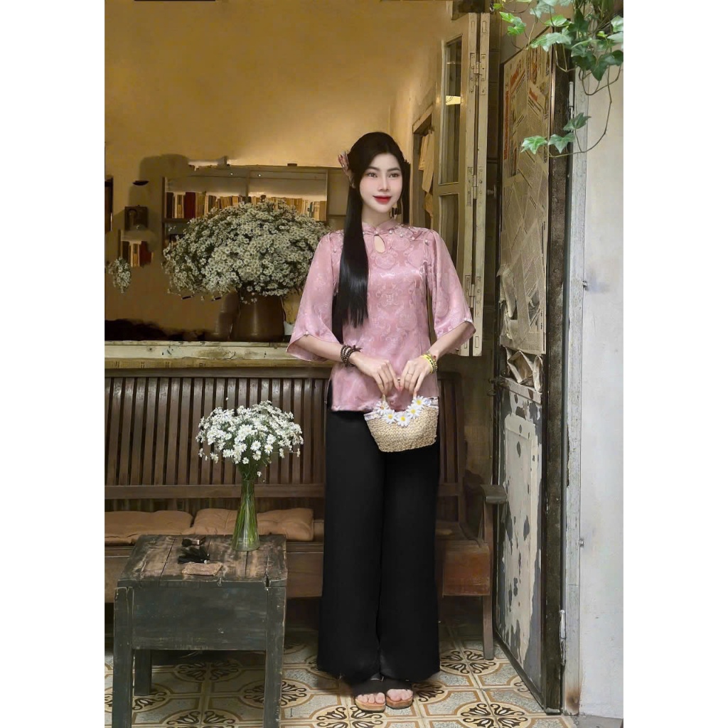 Pháp Phục Tịnh Tâm , Đồ Lam Đi Chùa Cổ Tàu Giọt Lệ Lụa  Chữ Thọ Lụa Mềm Mại 4 Size S,M,L,XL