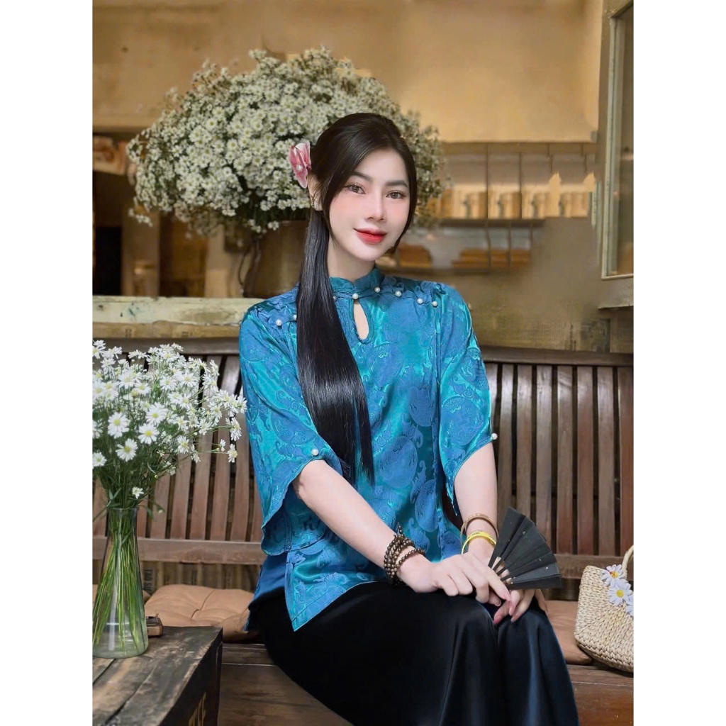 Pháp Phục Tịnh Tâm , Đồ Lam Đi Chùa Cổ Tàu Giọt Lệ Lụa  Chữ Thọ Lụa Mềm Mại 4 Size S,M,L,XL
