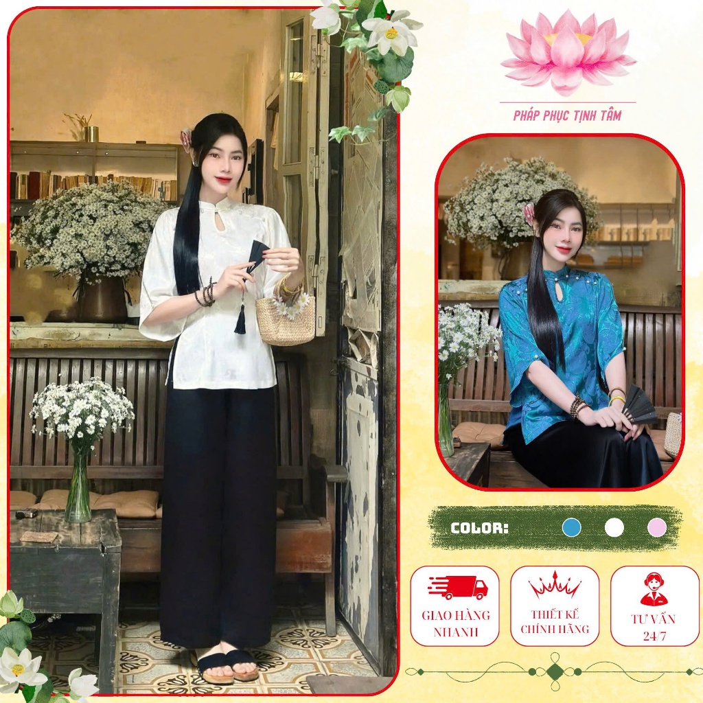 Pháp Phục Tịnh Tâm , Đồ Lam Đi Chùa Cổ Tàu Giọt Lệ Lụa  Chữ Thọ Lụa Mềm Mại 4 Size S,M,L,XL