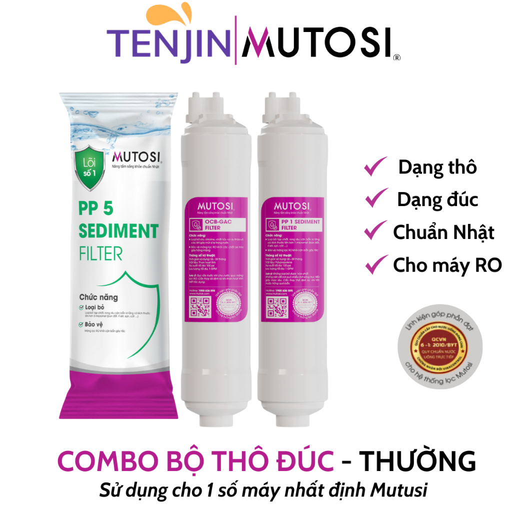 Combo Thô Mutosi Gồm Lõi 1 PP 5 Micron Loại Thường Và Lõi 2 OCB Lõi 3 PP1 Micron Dạng Đúc Dùng Cho Máy Lọc Nước RO....