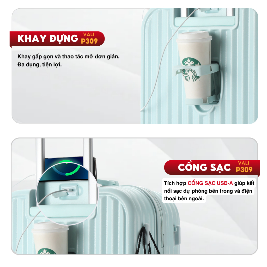 Vali Du Lịch Thời Trang Kingsun P309/219 Size 20/24/28 CAO CẤP Có Cổng Sạc USB Và Giá Đựng Cốc