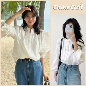 Áo Sơ Mi Trắng Ren Thêu Cao Cấp Dài Tay Thiết Kế Tay Bồng Thanh Lịch, Dễ Phối Đồ, Thoáng Mát Cakecat