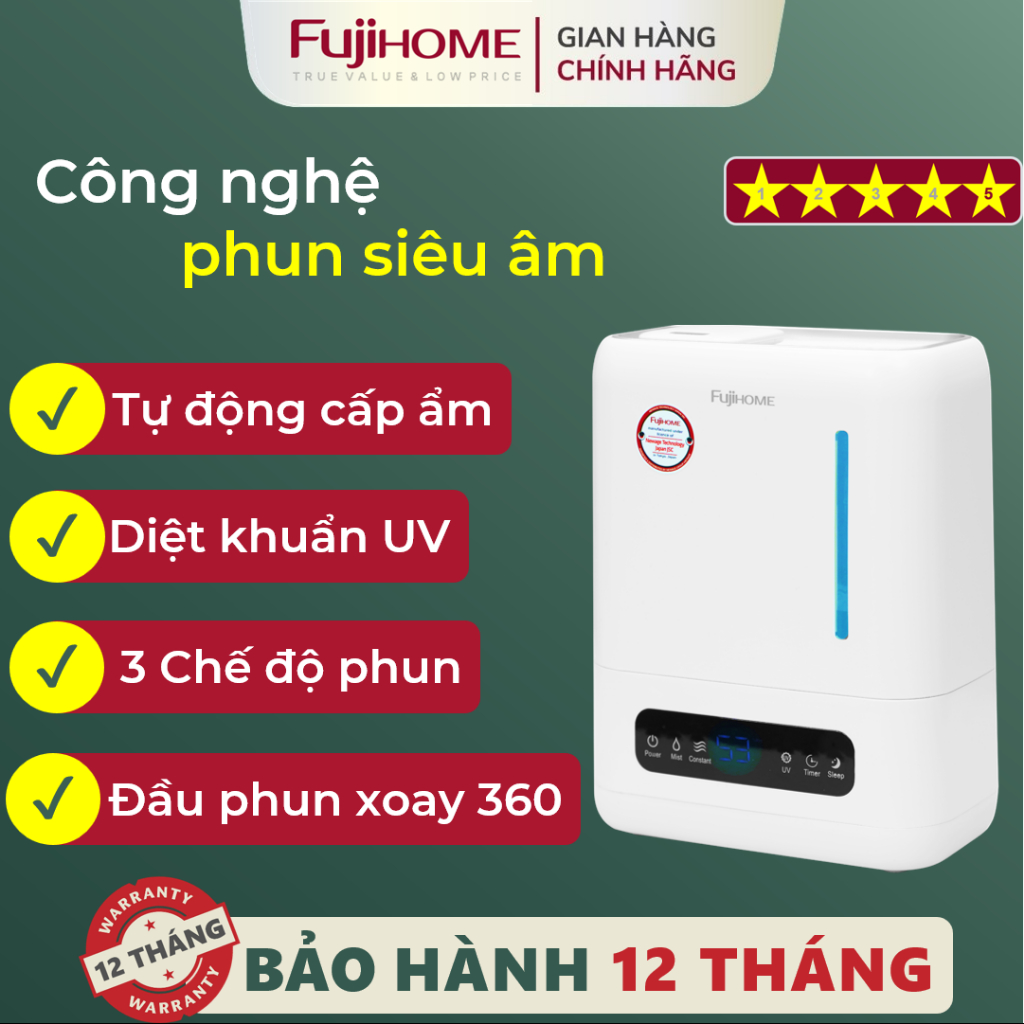 Máy phun sương tạo ẩm Nhập Khẩu FUJIHOME HM04EUV, Máy xông tinh dầu có màn hình LED điều khiển từ xa