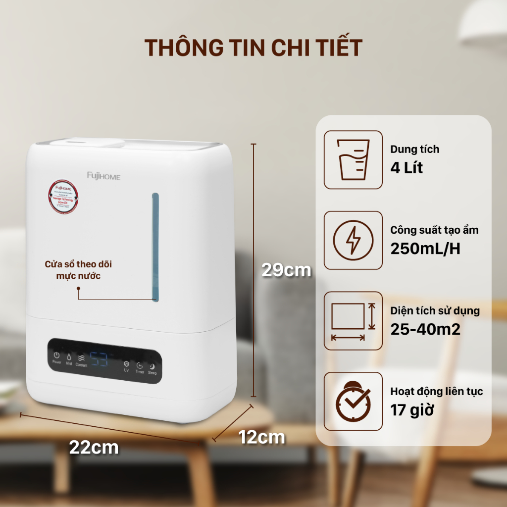 Máy phun sương tạo ẩm Nhập Khẩu FUJIHOME HM04EUV, Máy xông tinh dầu có màn hình LED điều khiển từ xa