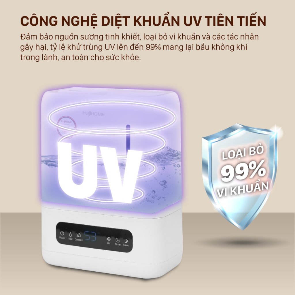 Máy phun sương tạo ẩm Nhập Khẩu FUJIHOME HM04EUV, Máy xông tinh dầu có màn hình LED điều khiển từ xa