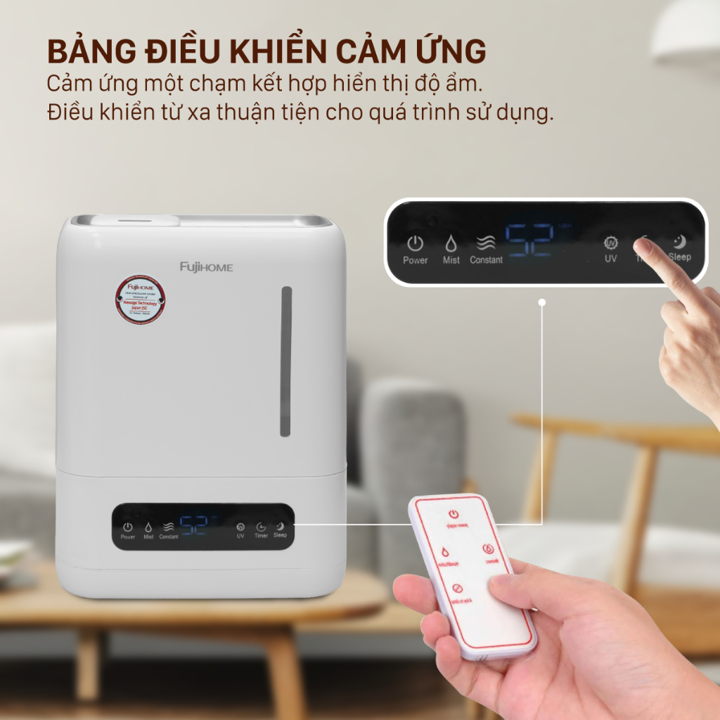 Máy phun sương tạo ẩm Nhập Khẩu FUJIHOME HM04EUV, Máy xông tinh dầu có màn hình LED điều khiển từ xa