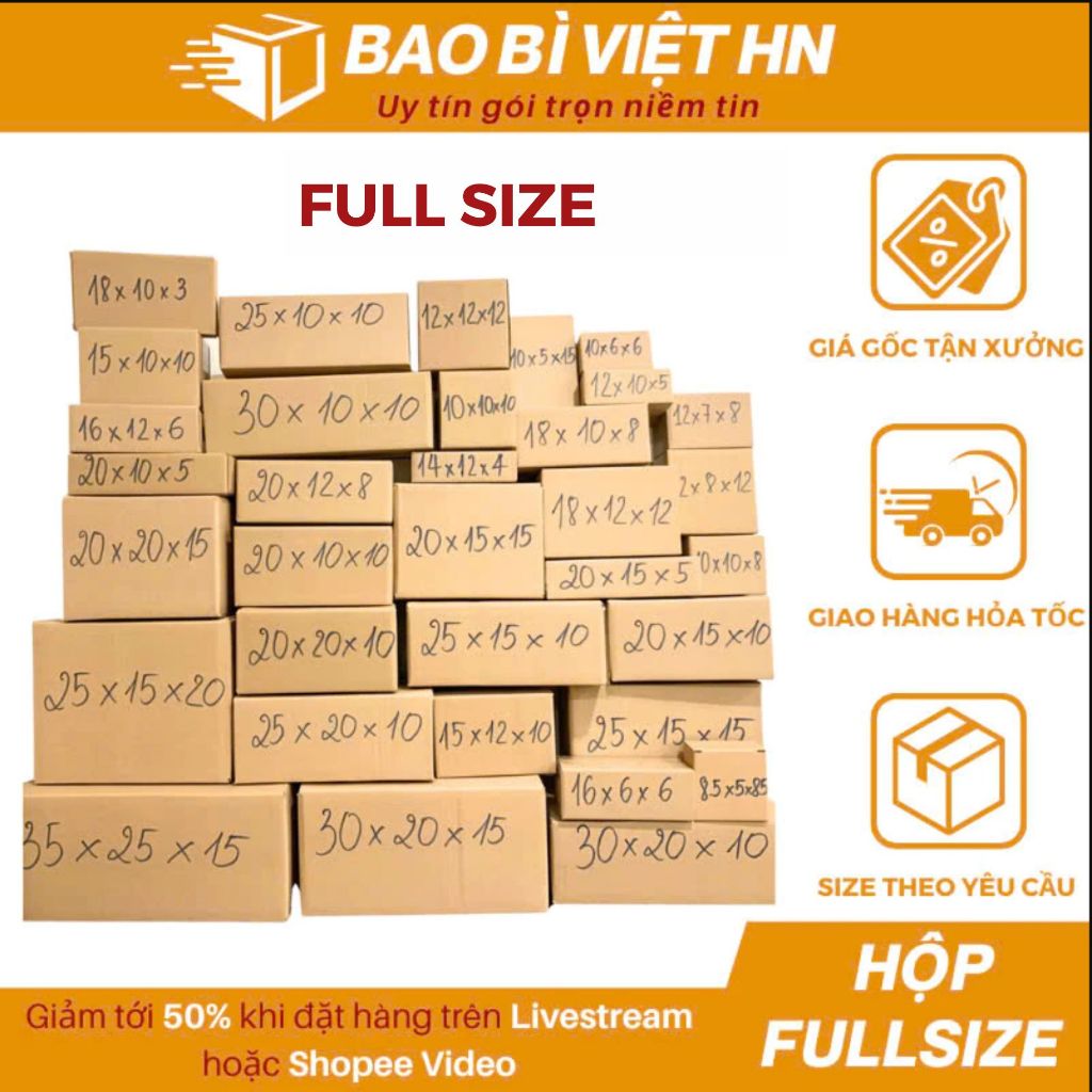 Combo 20 Hộp carton đóng hàng đầy đủ kích thước, hộp giấy gói hàng giá rẻ - Bao Bì Việt HN