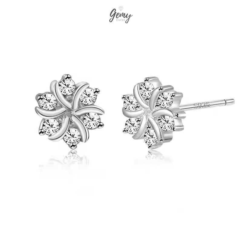 Khuyên tai nam thanh thẳng bạc S925 kế hình bông tuyết đính đá Snow Flower KN151 (1 chiếc) | GEMY SILVER
