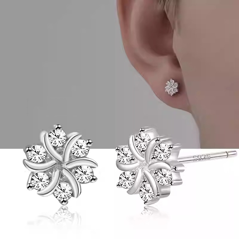 Khuyên tai nam thanh thẳng bạc S925 kế hình bông tuyết đính đá Snow Flower KN151 (1 chiếc) | GEMY SILVER