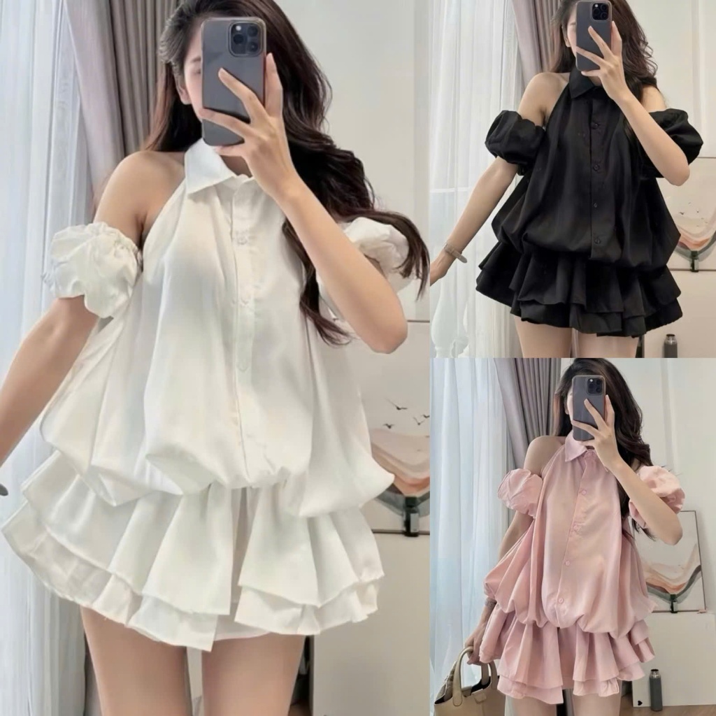 Váy tiểu thư kiểu sơ mi khoét vai bo eo dáng xòe set váy sát nách kèm tay bo rời chất thô hàn cao cấp V16-PANOSI