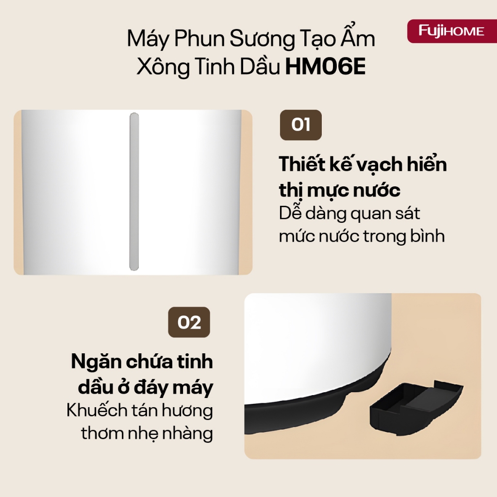 Máy phun sương Nhập Khẩu FUJIHOME HM06E, Máy tạo ẩm xông tinh dầu dung tích 6L - 3 chế độ phun độ ẩm
