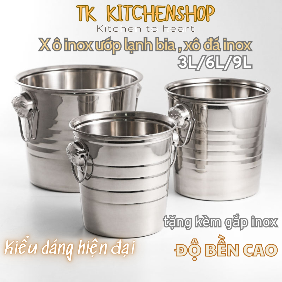 Xô inox đựng đá, ướp lạnh rượu bia tặng kèm một gắp đá inox, thích hợp ...