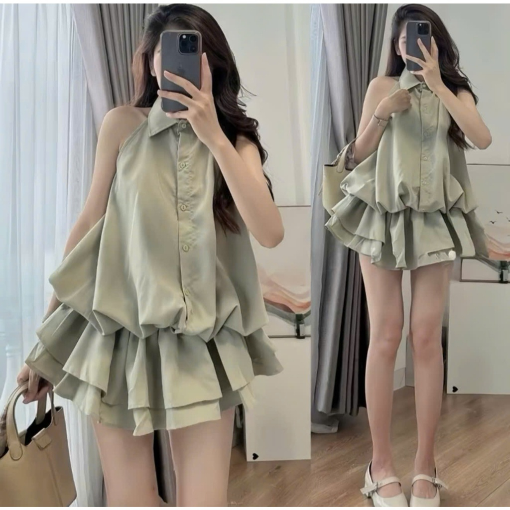 Váy tiểu thư kiểu sơ mi khoét vai bo eo dáng xòe set váy sát nách kèm tay bo rời chất thô hàn cao cấp V16-PANOSI