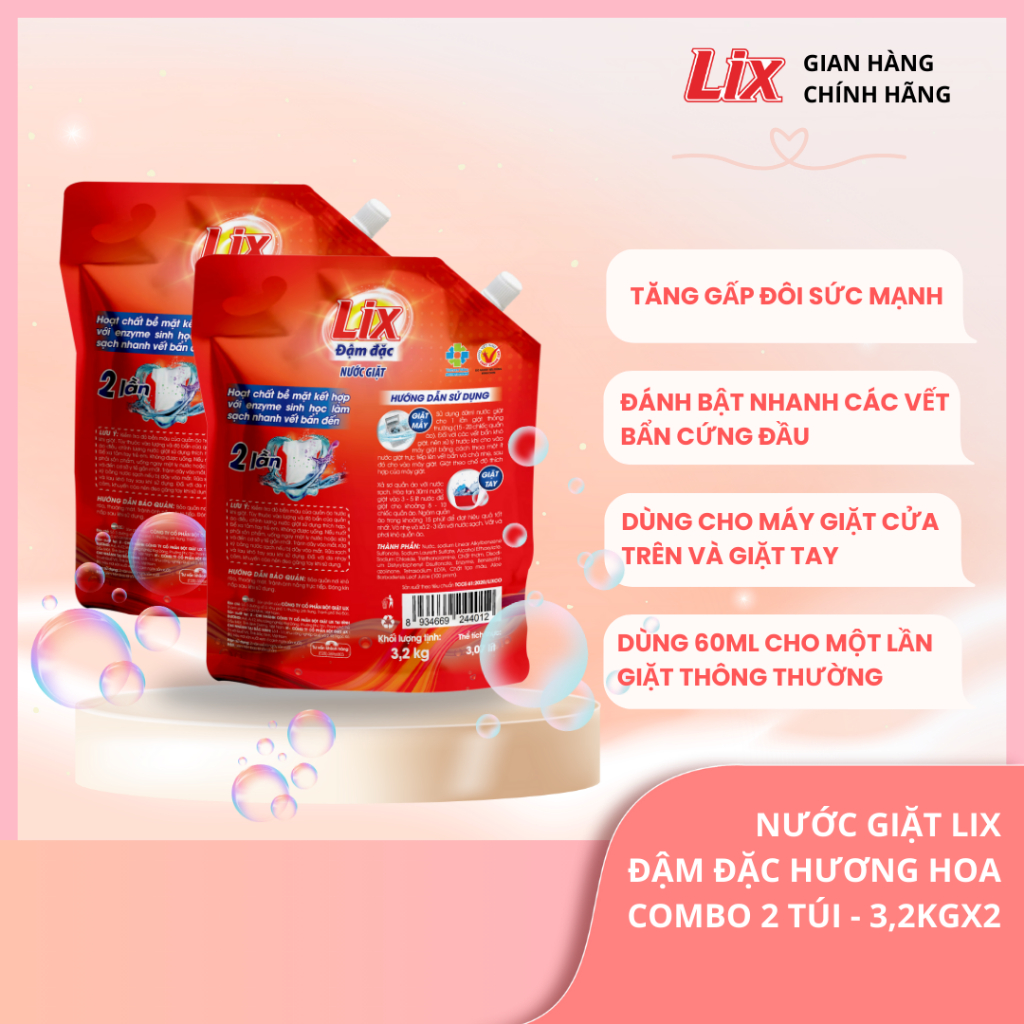 Ảnh Nước giặt Lix đậm đặc hương hoa túi 3.2kg làm sạch cực nhanh vết bẩn NG003 tăng gấp đôi sức mạnh giặt tẩy quần áo 1